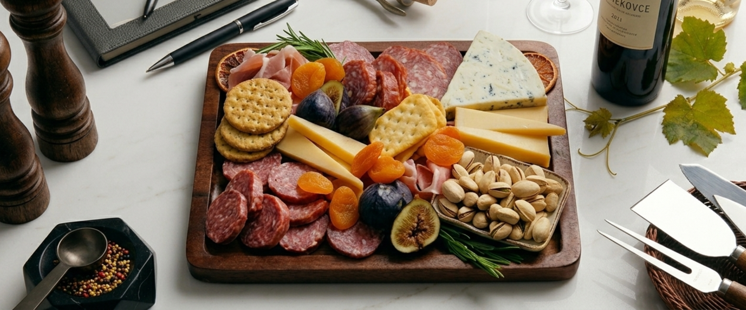 Close-up of a charcuterie board with a variety of cheeses, sliced meats and fruit.