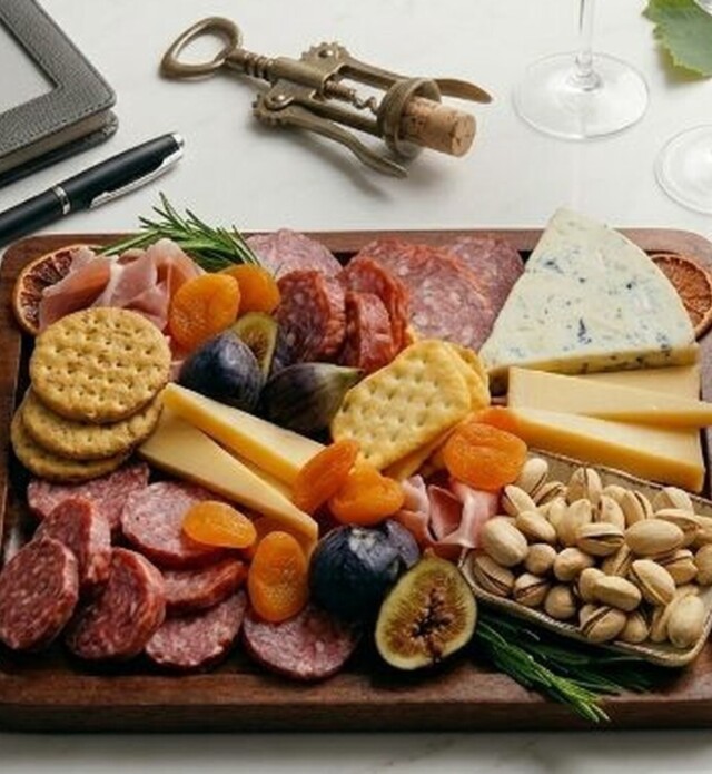 Close-up of a charcuterie board with a variety of cheeses, sliced meats and fruit.
