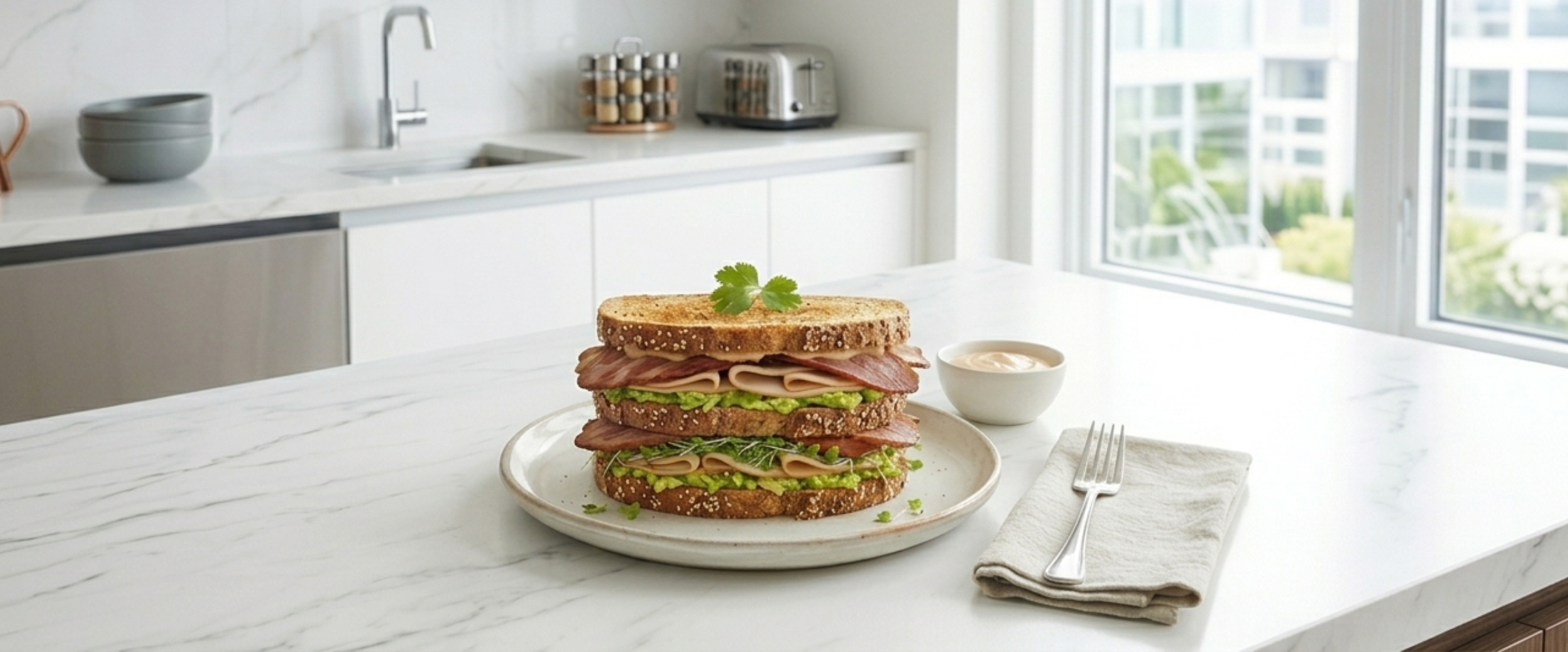 Close up of a club sandwich with chicken and turkey bacon