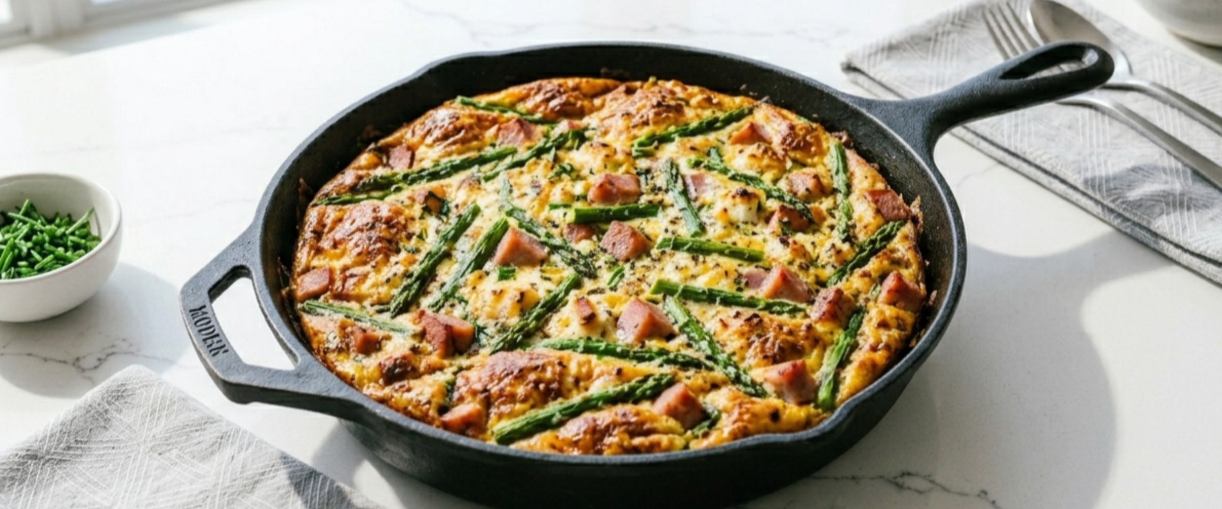 A close up of a ham and asparagus frittata