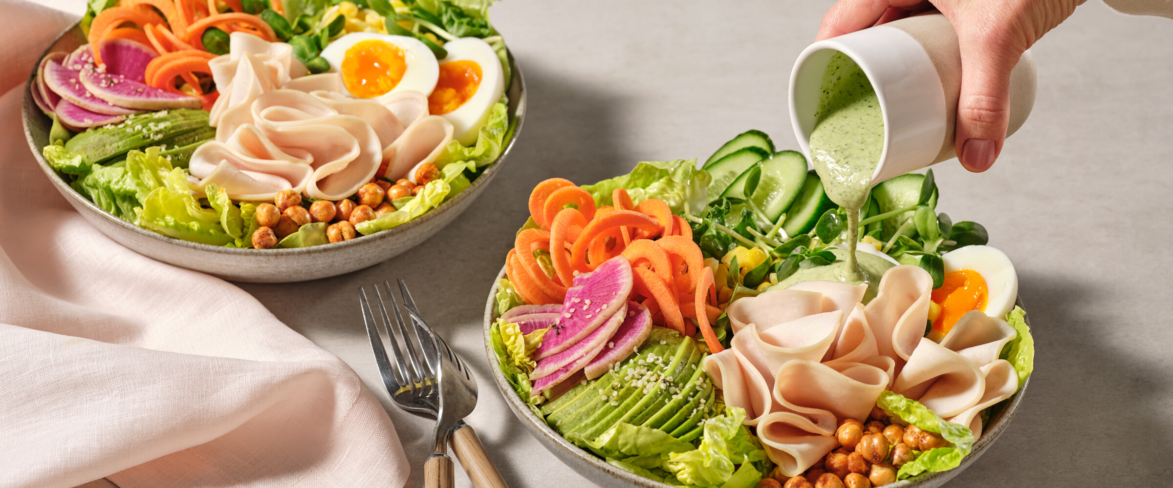 Close up image of a sliced chicken bowl