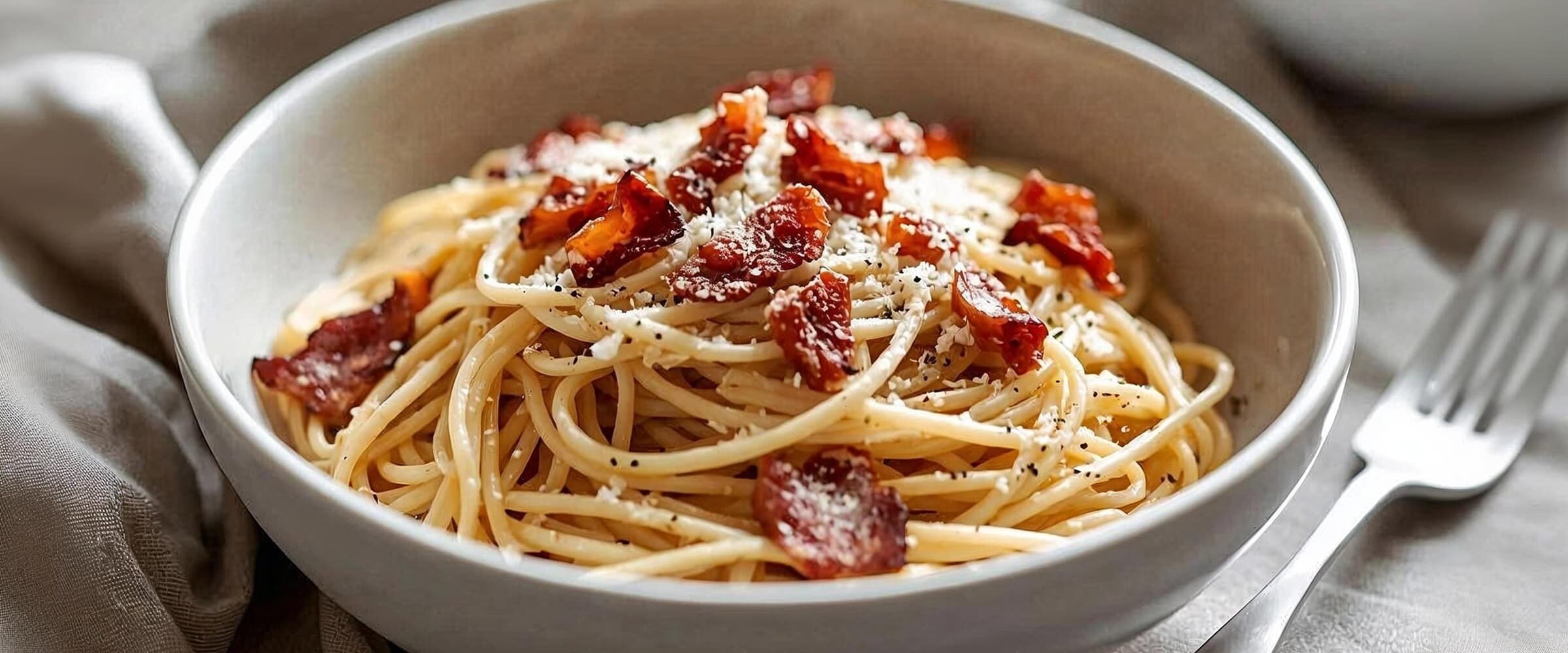 A close-up of a bowl of spaghetti carbonara.