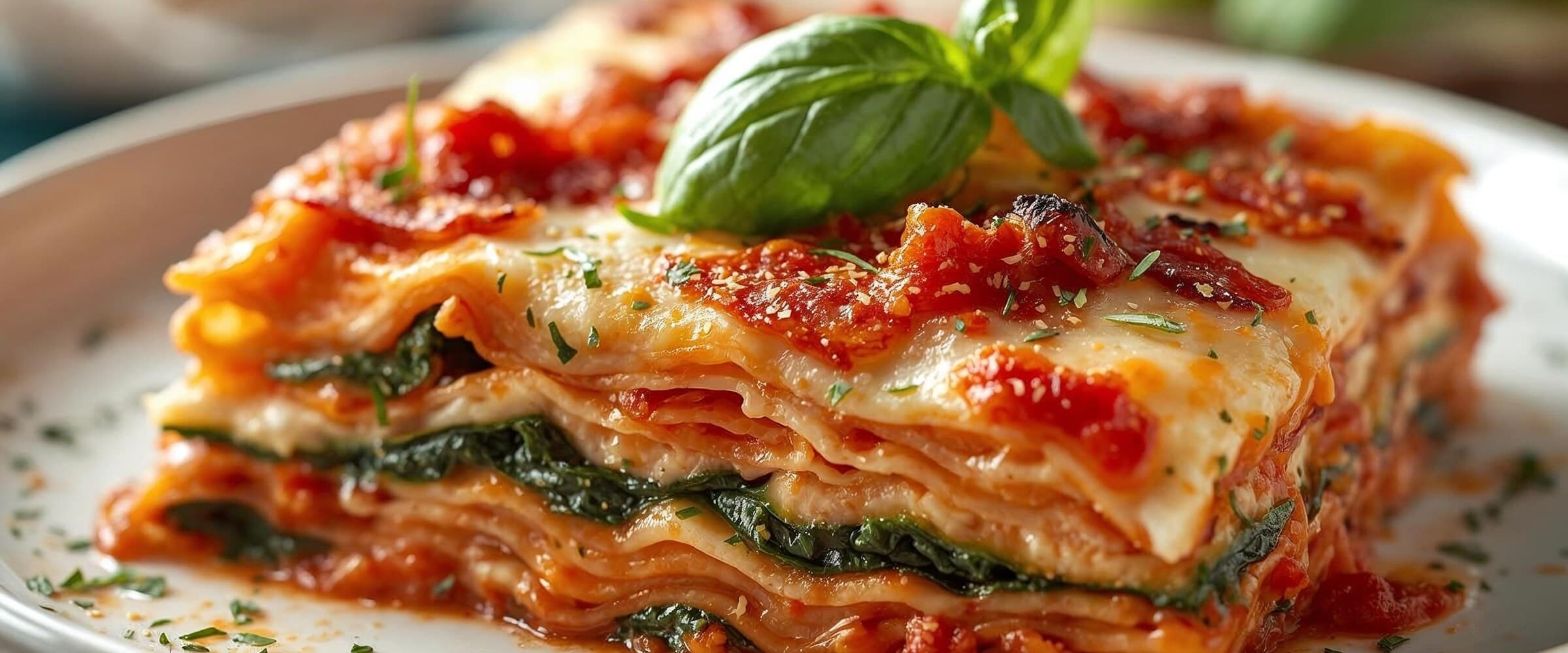 A close-up a serving of lasagna.