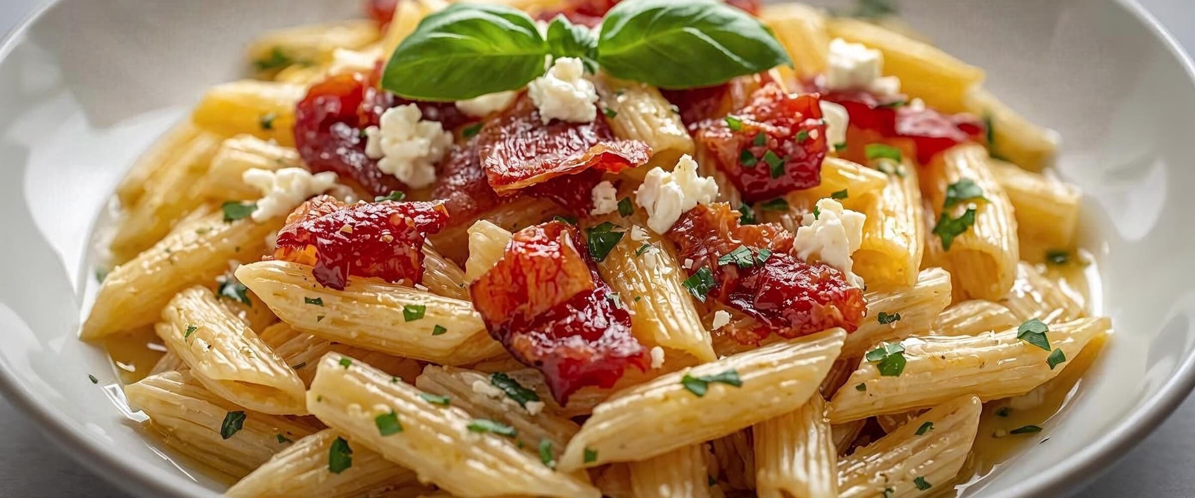 Close-up of a bowl of bacon and feta pasta with some herbs.