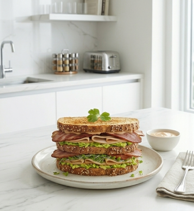 Close up of a club sandwich with chicken and turkey bacon