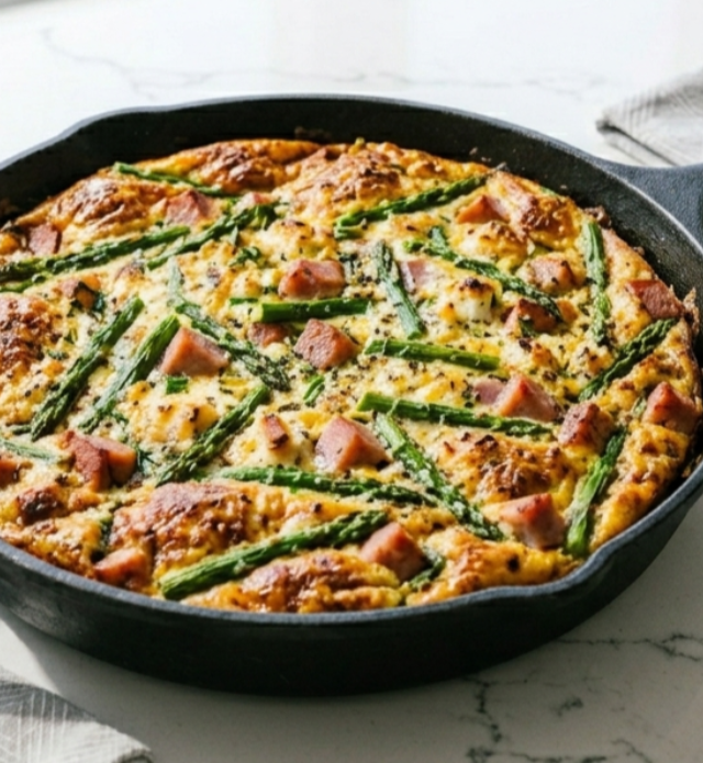 A close up of a ham and asparagus frittata