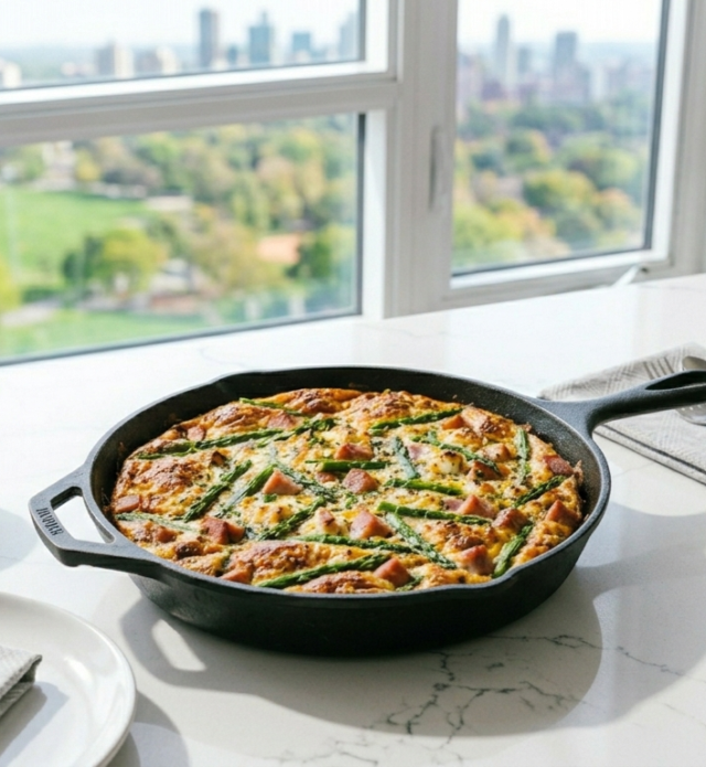 A close up of a ham and asparagus frittata