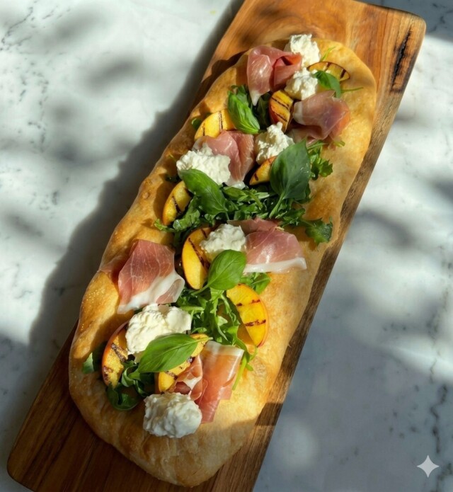 Une photo d'une Pinsa aux peches grillees et prosciutto