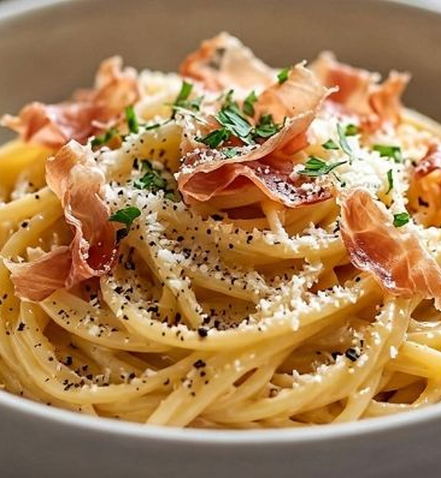 A close-up of a bowl of spaghetti carbonara with prosciutto.