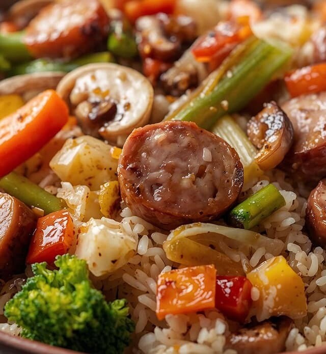 Close-up of a rice dish containing sausage, bell peppers and onions.