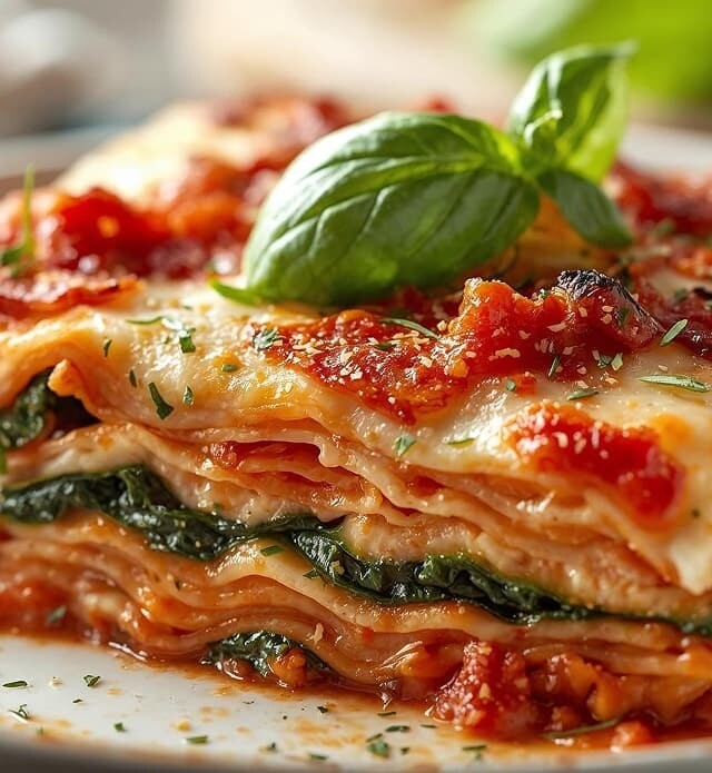 A close-up a serving of lasagna.