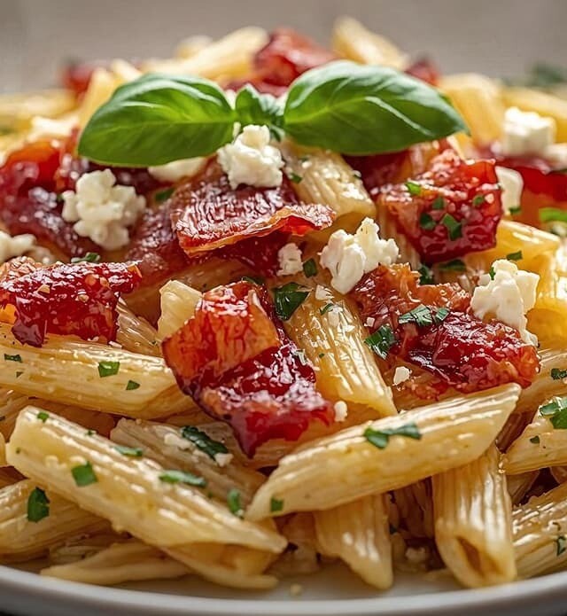 Close-up of a bowl of bacon and feta pasta with some herbs.