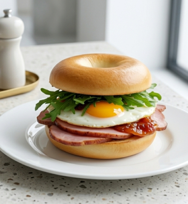 A close-up of a bacon sandwich cut in half and served on a decorative plate.