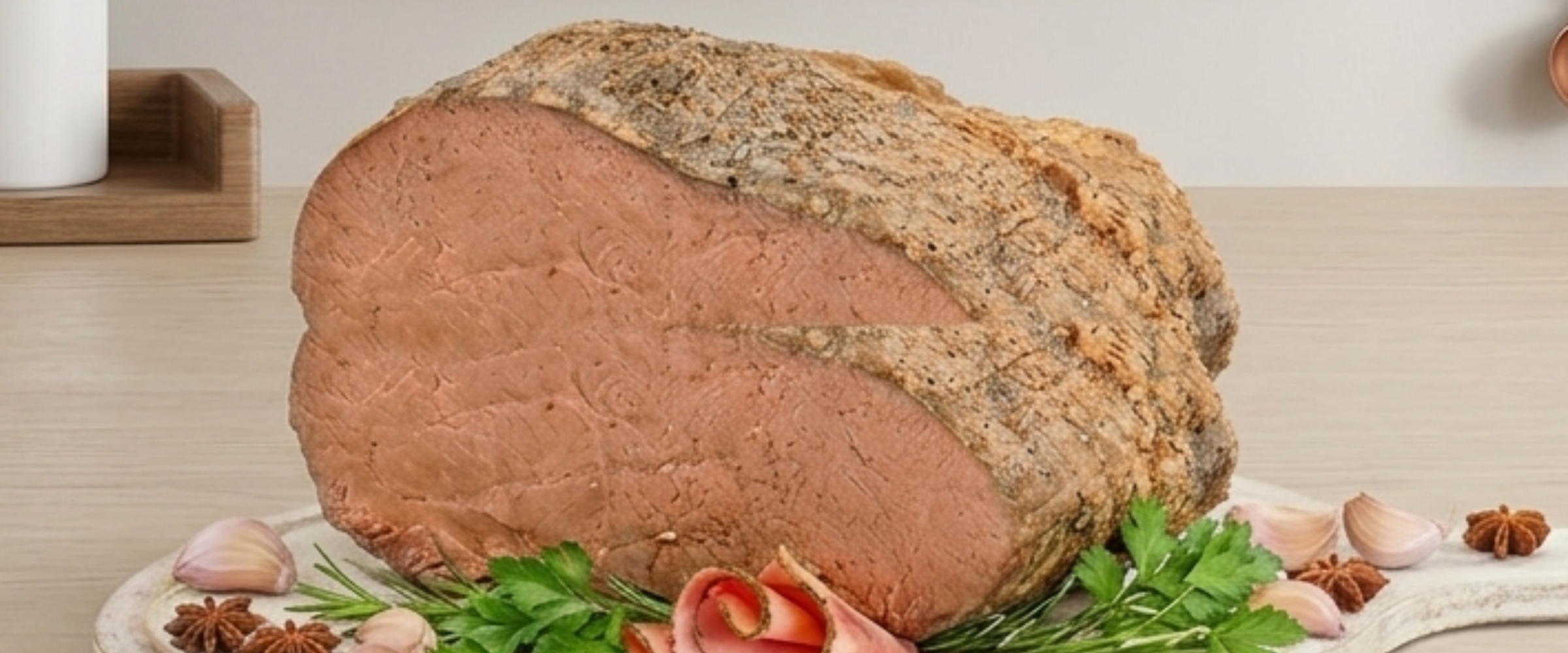 Close-up of sliced roast beef.