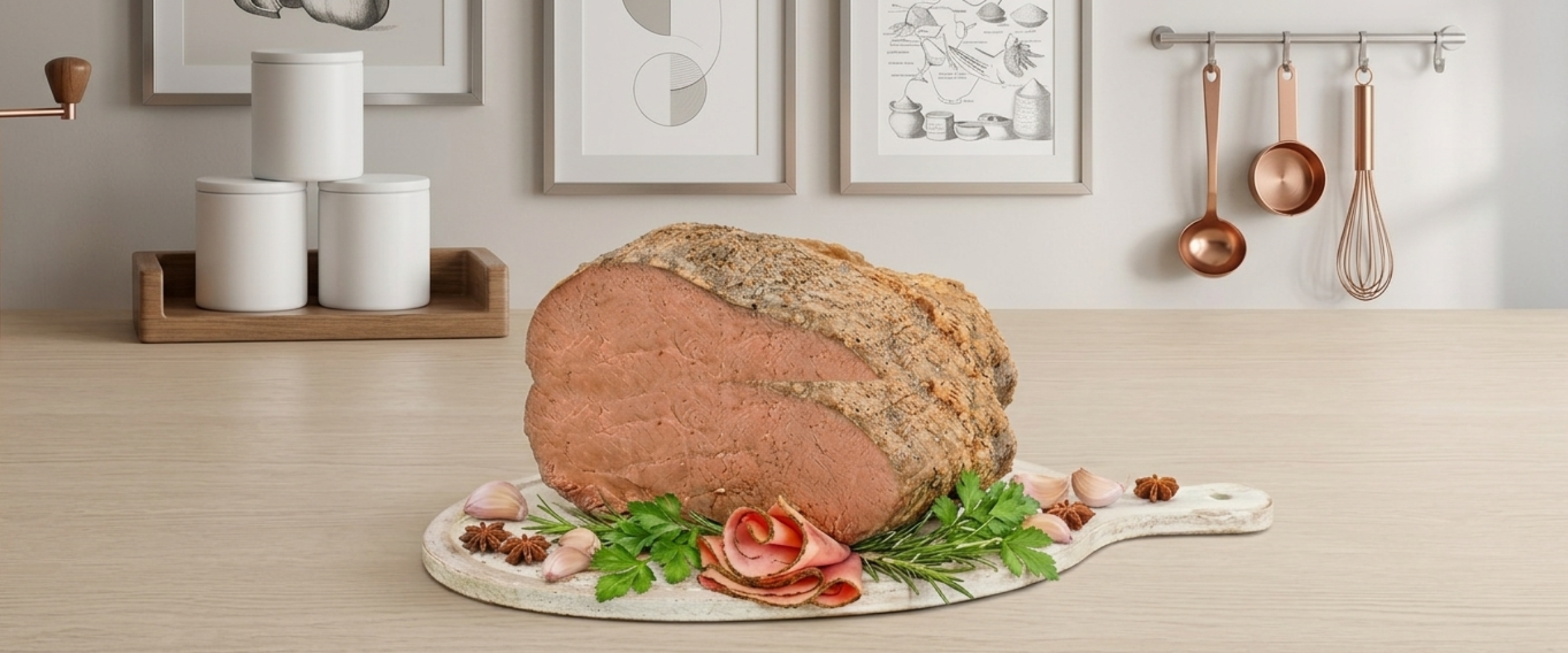 Close-up of sliced roast beef.