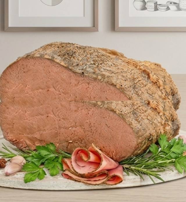 Close-up of sliced roast beef.