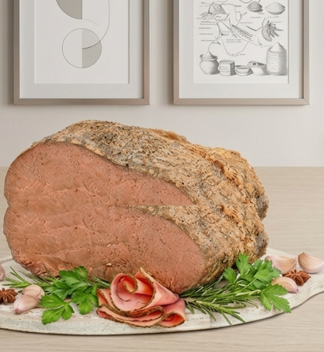 Close-up of sliced roast beef.