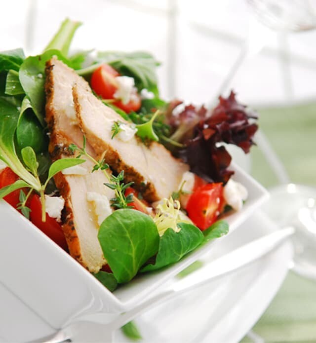 Close-up of a chicken salad wrap.