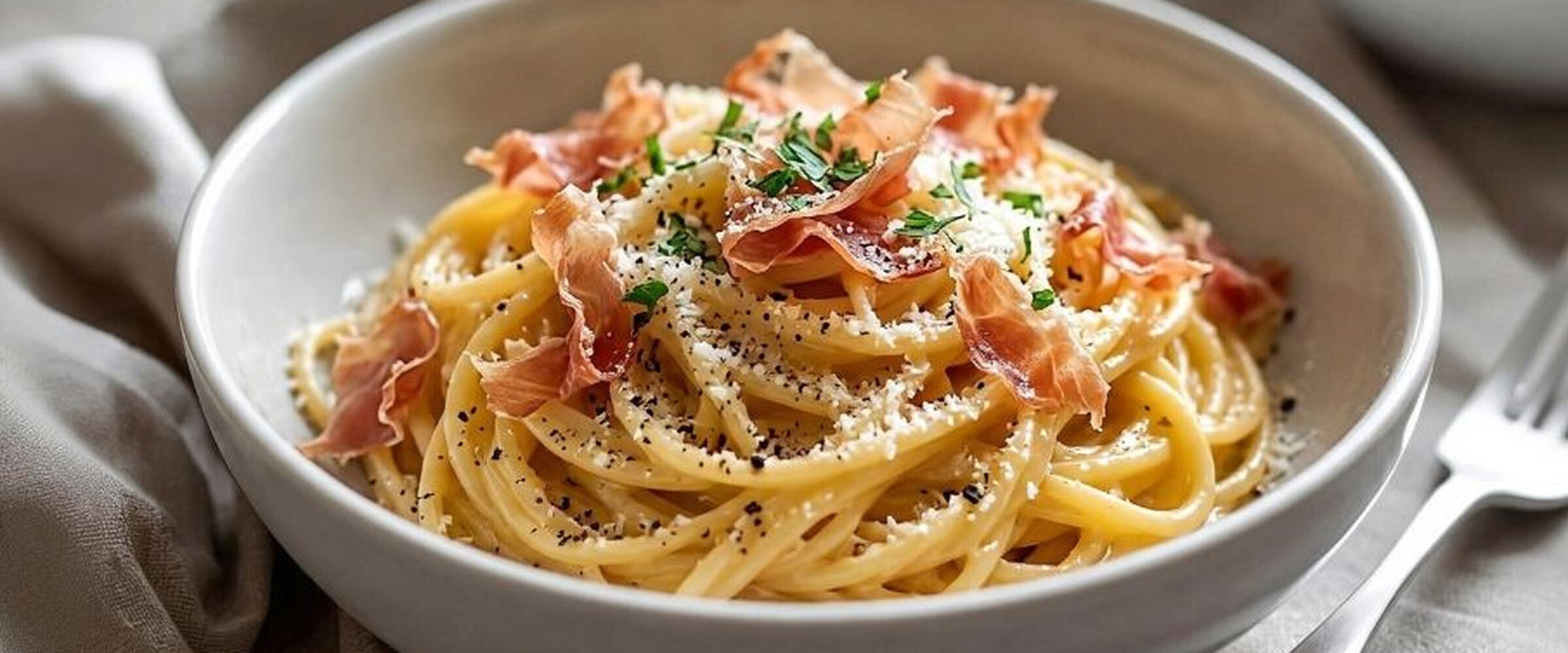 Close up of a bowl of prosciutto carbonara pasta