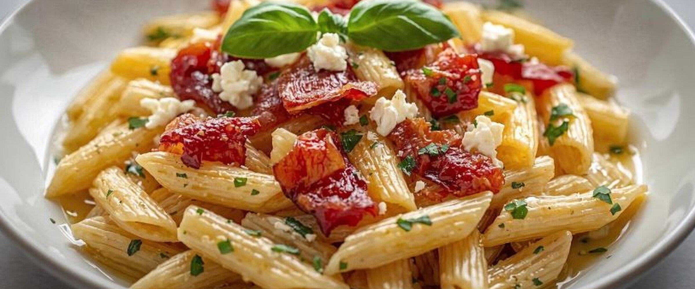 Close-up of a bowl of penne pasta with turkey bacon and blue cheese