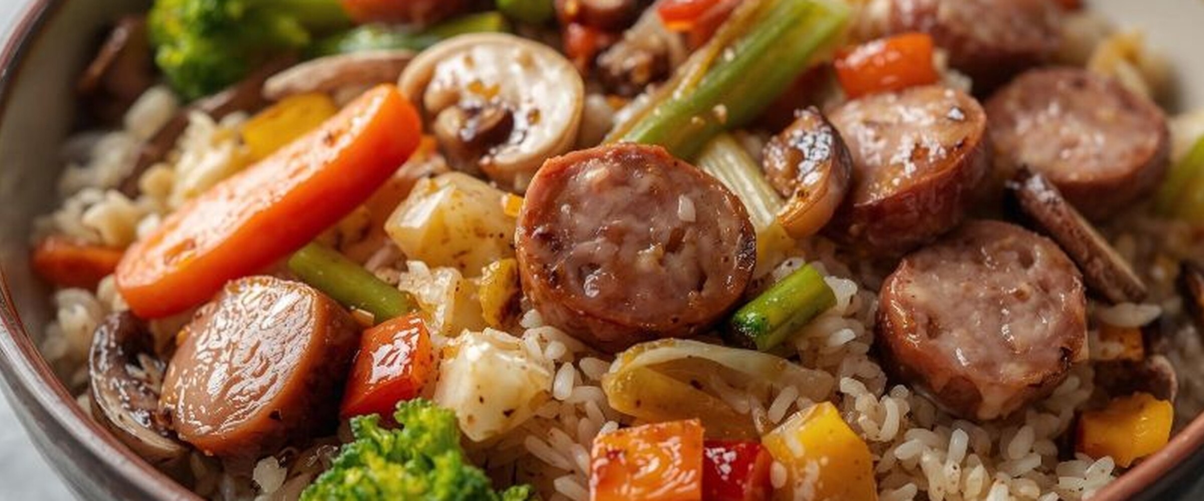 Close-up of a rice dish containing sausage, bell peppers and onions.
