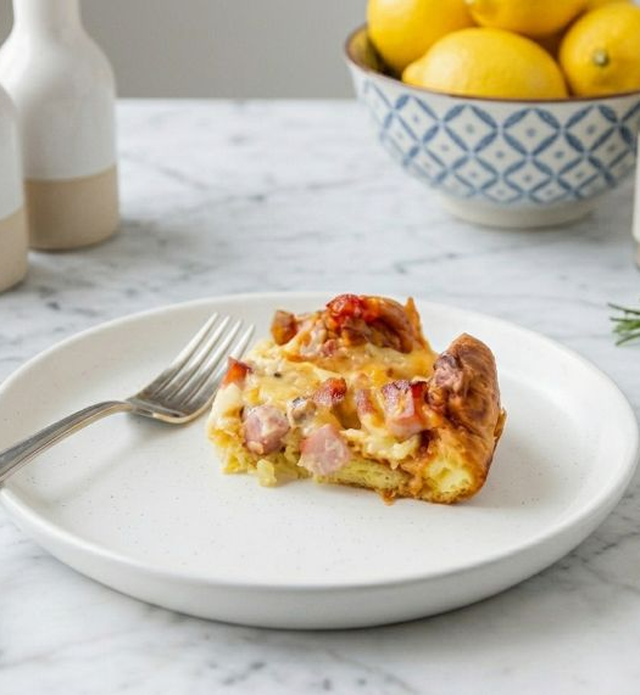 Close-up of a sausage and ham breakfast bake
